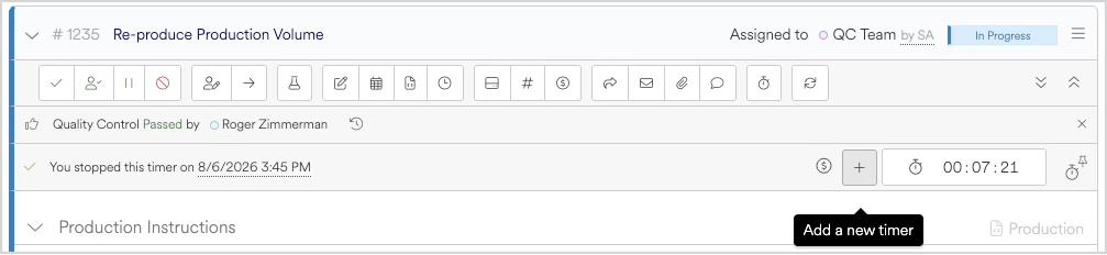 Production volume task with timer, quality control status, and assigned team details.